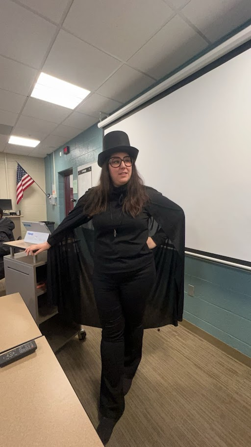 Ms. Ritter dresses up in her black-out costume 