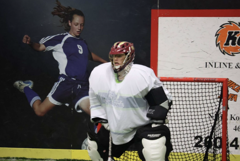 Junior Colin Stevens plays goalie for Brebeuf’s box lacrosse 